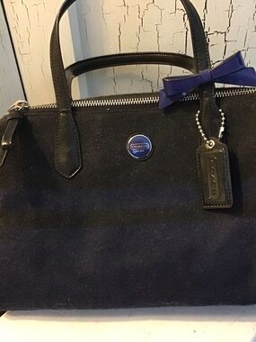 Coach Black and Navy Felted Wool Satchel with Leather Tag